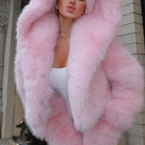 Jackets & Blazers - Pink Cute Women's Coat Jacket Faux Fox Fur Hooded Fleece Jacket